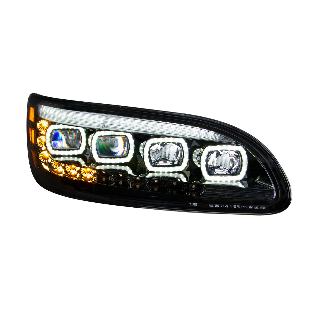 Black Quad - LED Headlight With LED DRL &amp; Seq. Signal For 2005-2015 Peterbilt 386 - Passenger