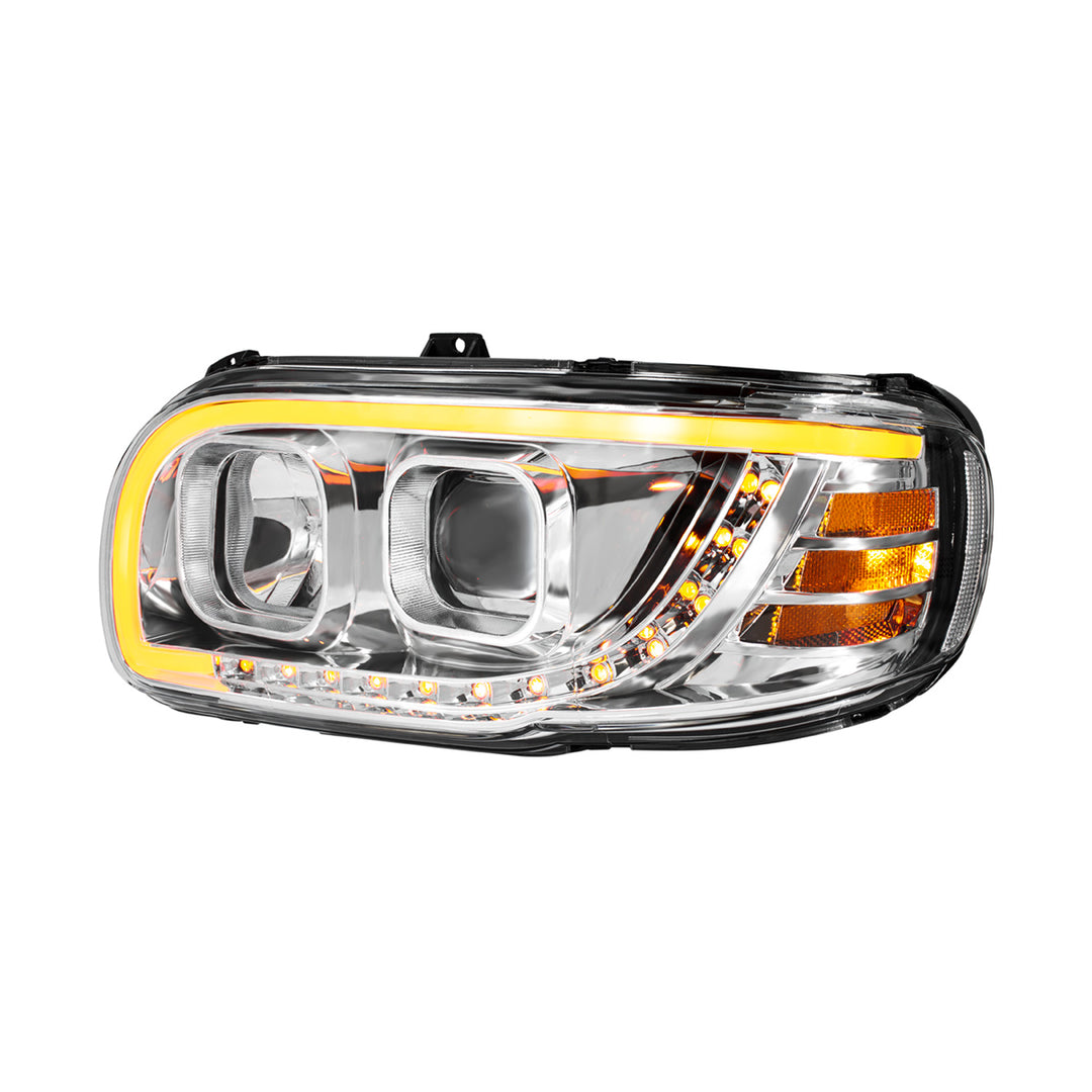 Chrome Projection Headlight With LED Turn Signal &amp; Light Bar For 2008-2024 Peterbilt 389 - Driver