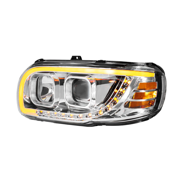 Chrome Projection Headlight With LED Turn Signal &amp; Light Bar For 2008-2024 Peterbilt 389 - Driver