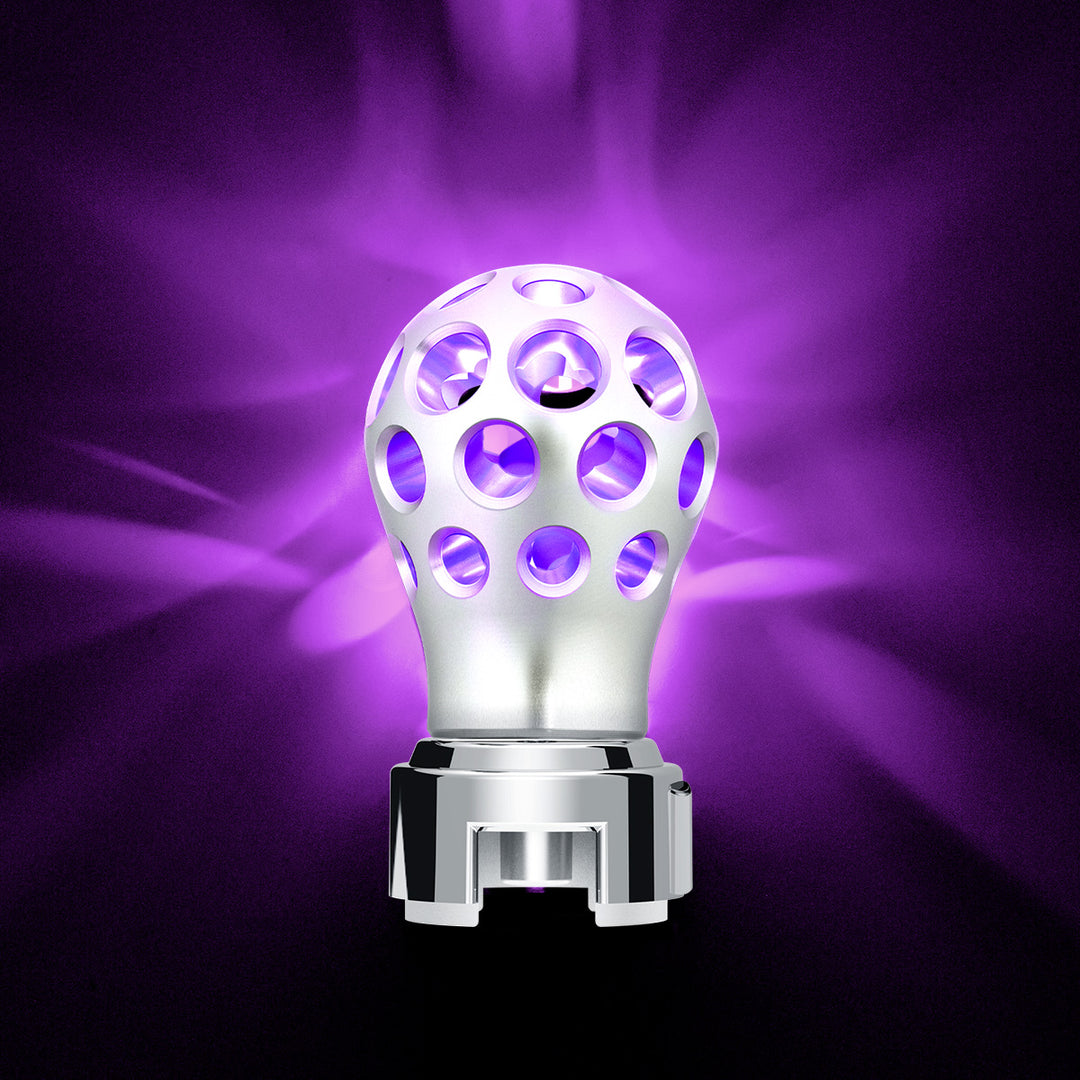 Thread-On Annodized Phoenix Style Ball Gearshift Knob With LED 13/15/18 Speed Adapter - Purple LED