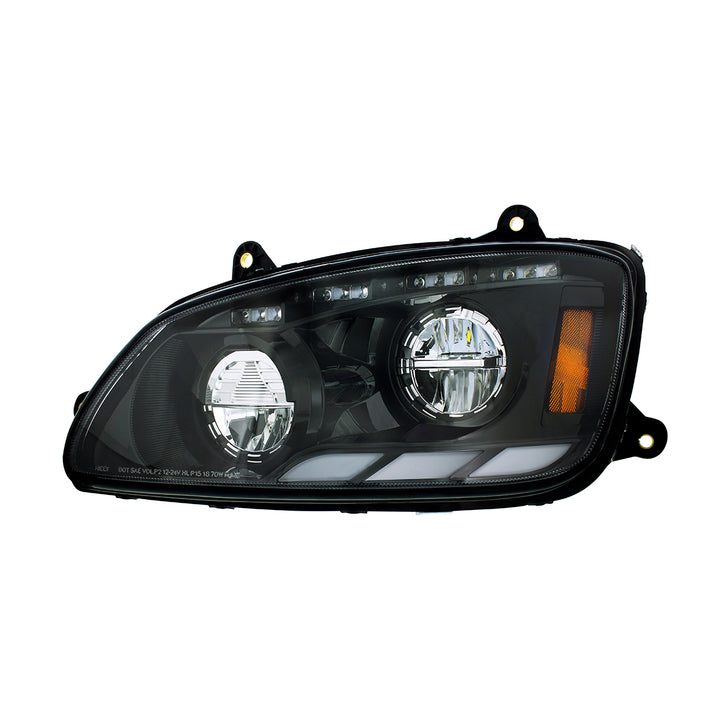 Black LED Headlight With Sequential Turn Signal &amp; Position Light Bars For 2008-17 Kenworth T660 - Driver