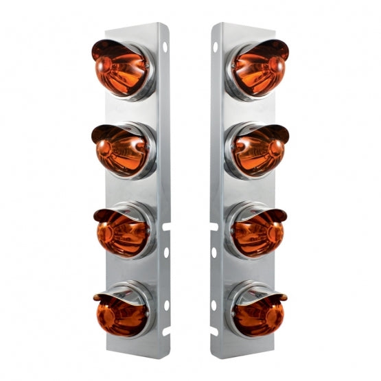 Stainless Steel Front Air Cleaner Bracket With 8X Glass Watermelon Lights &amp; Stainless Steel Visors For Peterbilt - Dark Amber Lens