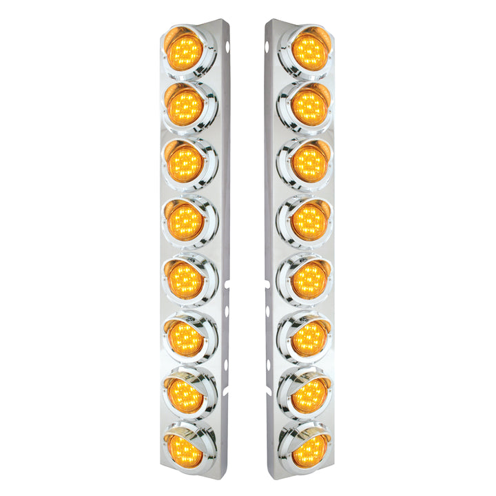 Stainless Steel Front Air Cleaner Bracket With 16 x 9 LED 2" Lights &amp; Visors For Peterbilt - Amber LED &amp; Lens