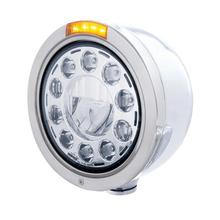Stainless Bullet Half Moon Headlight 11 LED Bulb &amp; Dual Mode LED Signal - Amber Lens