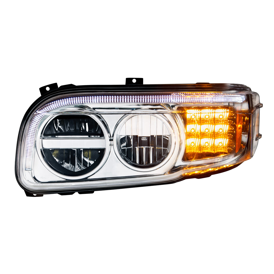 Chrome LED Headlight With LED Turn &amp; Position Light Bar For Peterbilt 388 (2008-2015) &amp; 389 (2008-2023) - Driver
