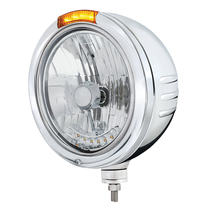 Stainless Steel Bullet Embossed Stripe Headlight H4 With 6 Amber LEDs &amp; Dual Mode LED Signal - Amber Lens