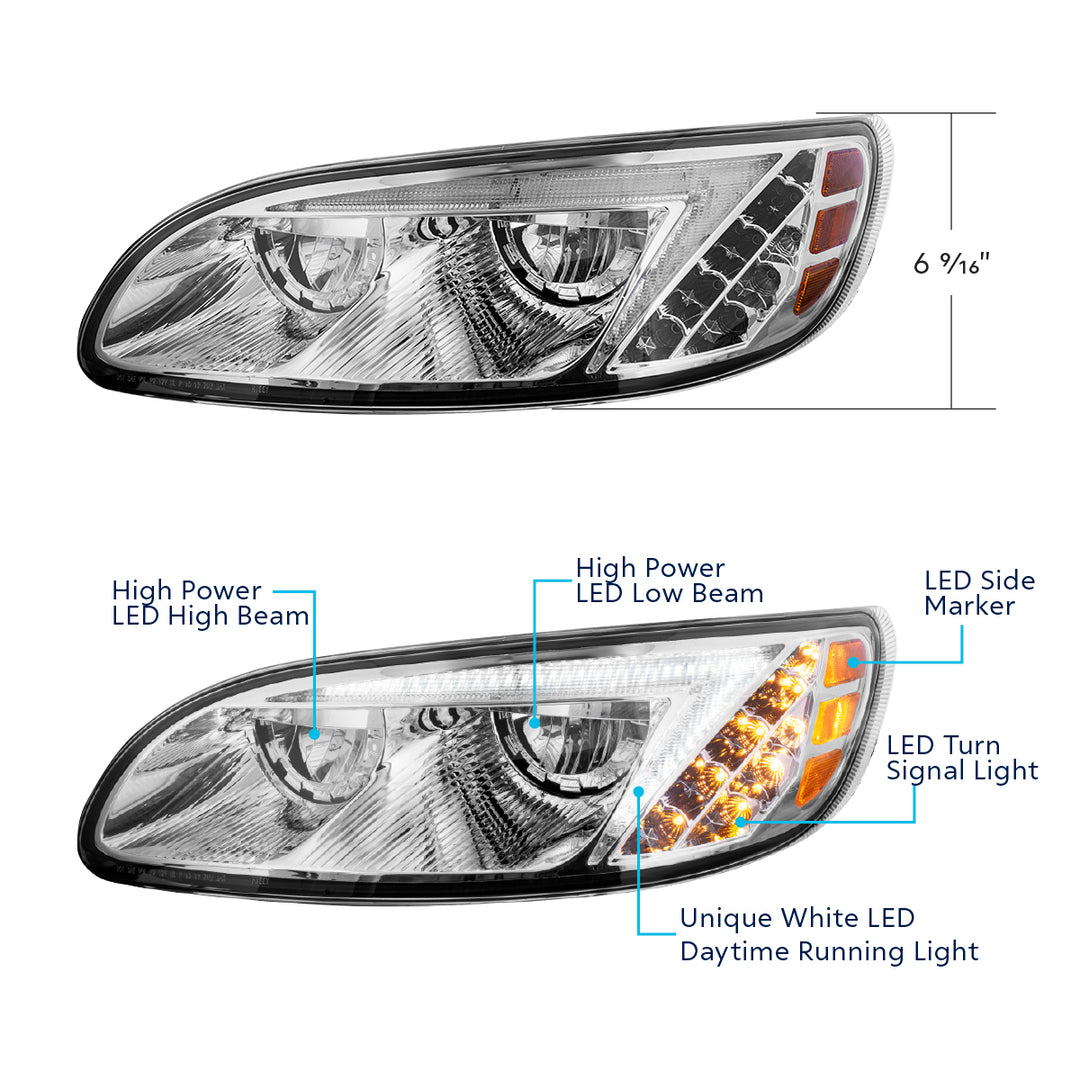 Chrome LED Headlight For Peterbilt 386 (2005-2015) &amp; 387 (1999-2010) - Driver