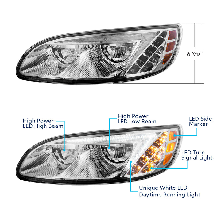 Chrome LED Headlight For Peterbilt 386 (2005-2015) &amp; 387 (1999-2010) - Driver