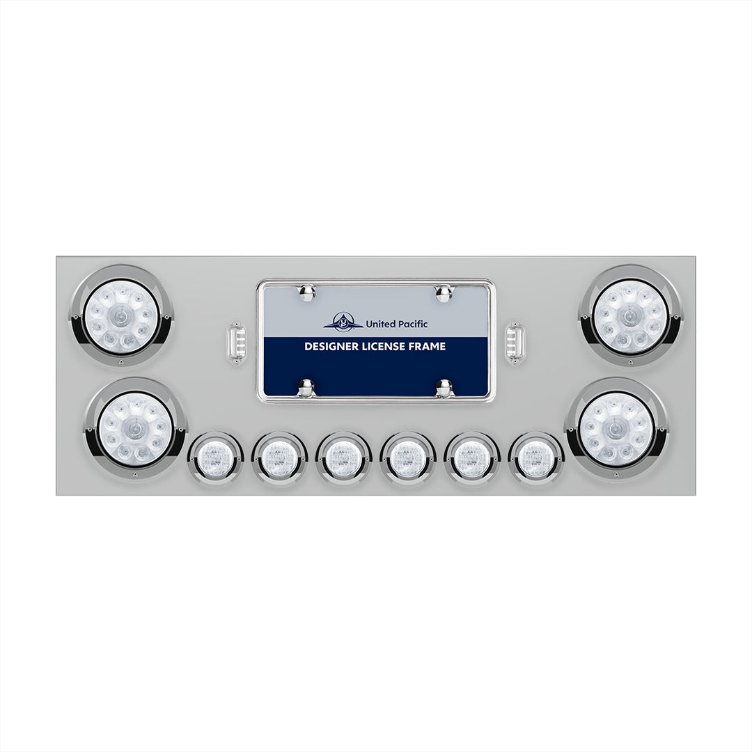 Stainless Steel Rear Center Panel With 4 x 10 LED 4" Lights &amp; 6 x 9 LED 2" Lights &amp; Visors - Red LED/Clear Lens