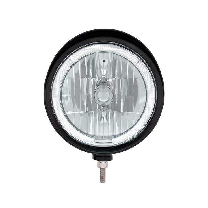 Black "Billet" Style Groove Headlight With Visor 9007 Bulb With White LED Halo Rim