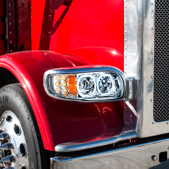 High Power 10 LED Chrome Headlight With 6 LED Turn &amp; 100 LED Halo For 2008-2024 Peterbilt 389 - Driver