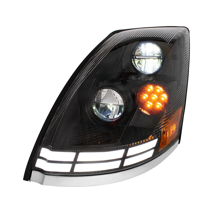 Black LED Headlight With Dual Color LED Light Bars For 2003-2017 Volvo VN/VNL - Driver