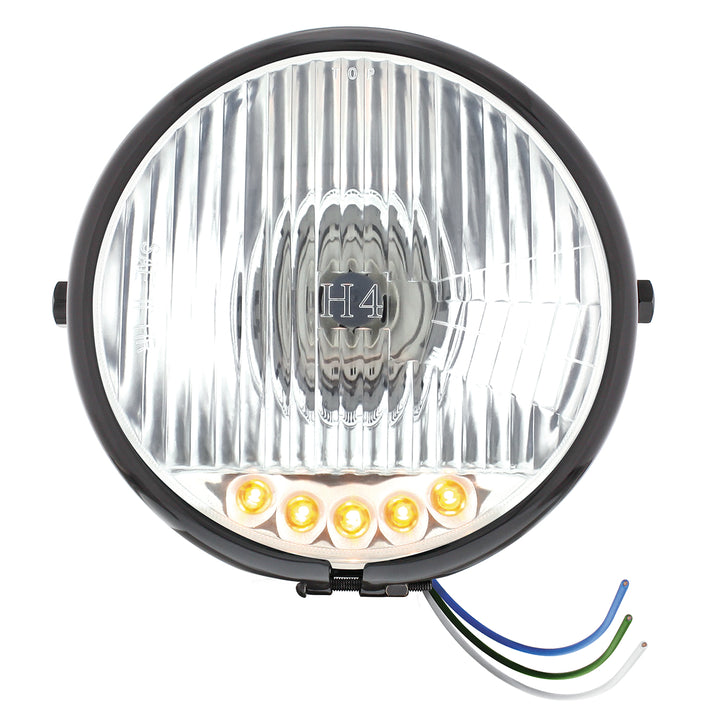 Black 5-3/4" Motorcycle Headlight H4 Bulb With 5 Amber LED - Side Mount