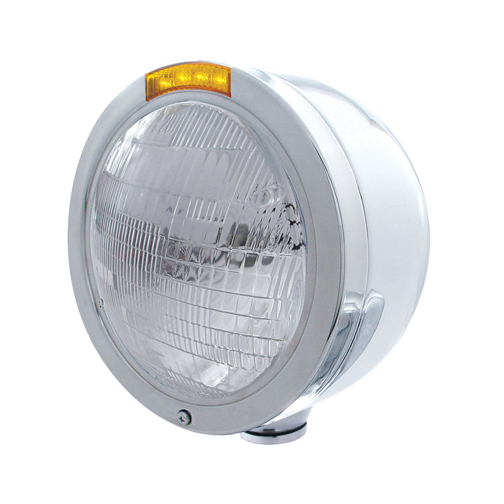 Stainless Steel Bullet Half Moon Headlight 6014 Bulb &amp; LED Turn Signal - Amber Lens