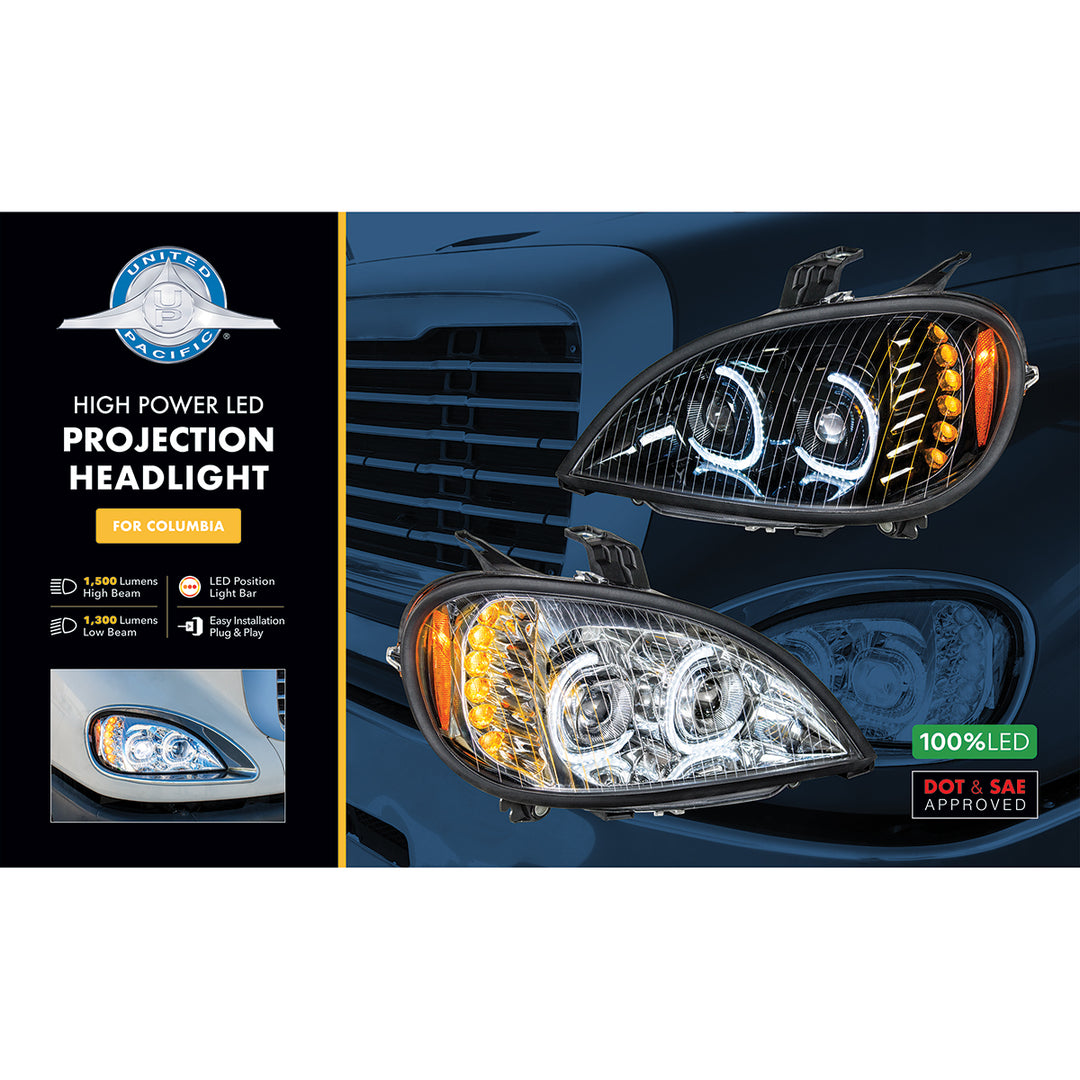 High Power LED Chrome Projection Headlight For 2001-2020 Freightliner Columbia - Driver