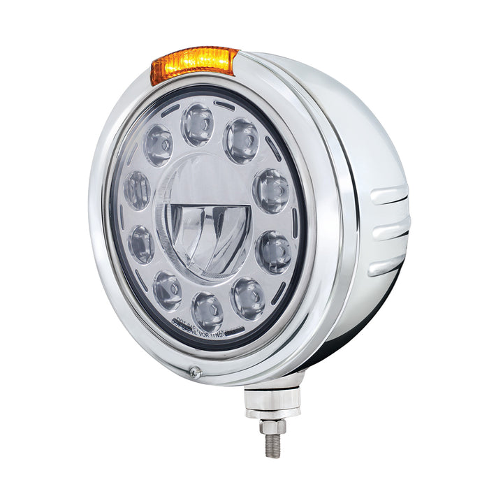Stainless Steel Bullet Embossed Stripe Headlight 11 LED Bulb &amp; Dual Mode LED Signal - Amber Lens