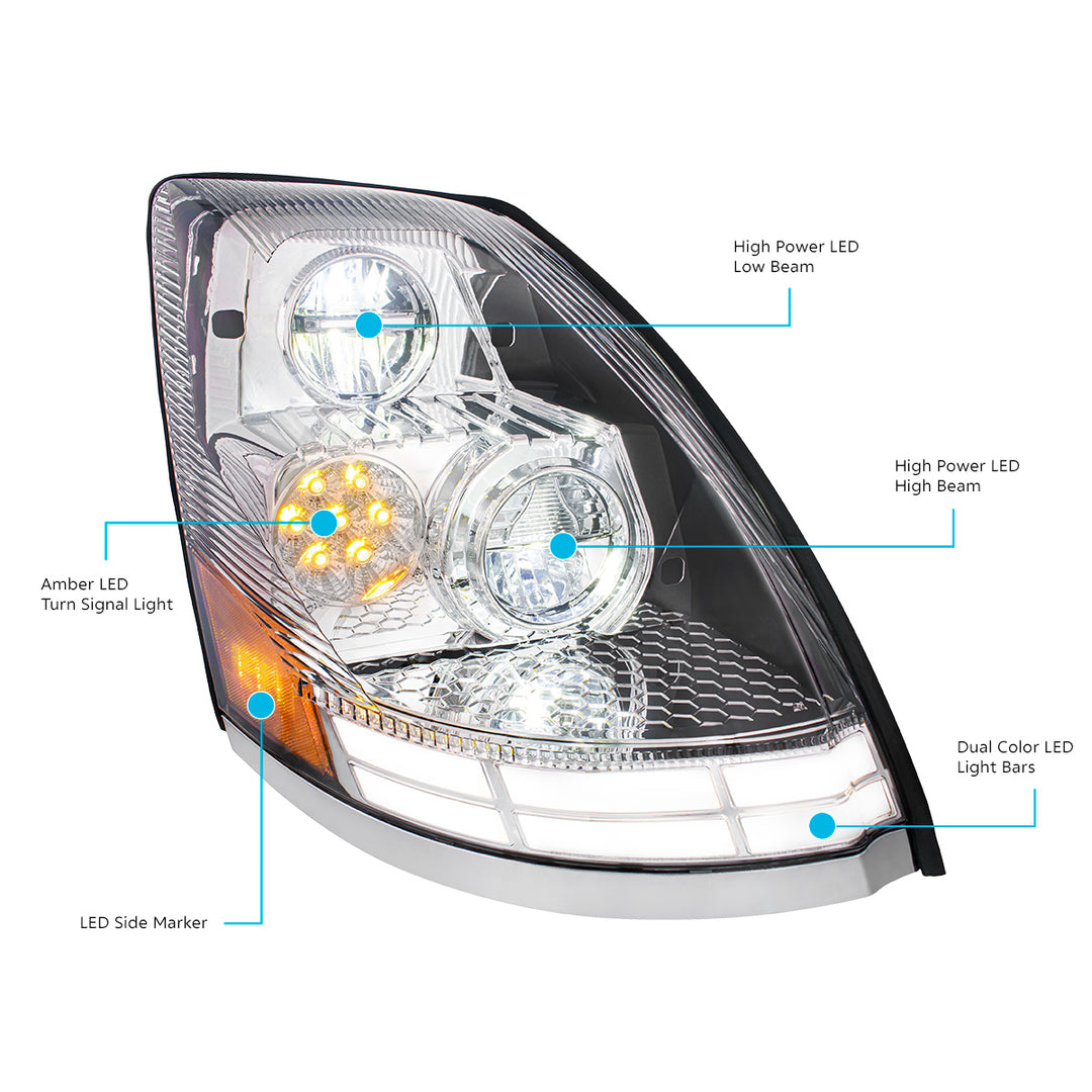 Chrome LED Headlight With Dual Color LED Light Bars For 2003-2017 Volvo VN/VNL - Passenger