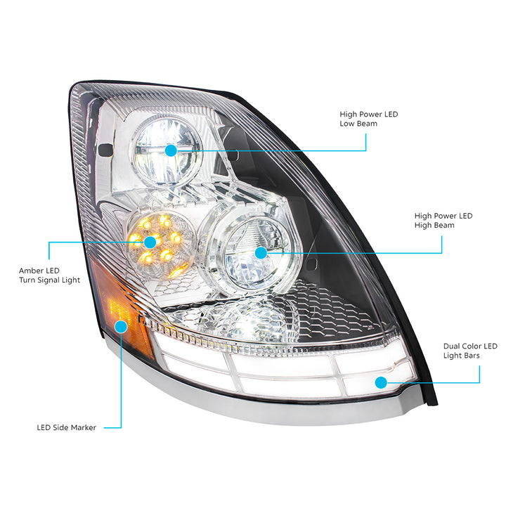 Chrome LED Headlight With Dual Color LED Light Bars For 2003-2017 Volvo VN/VNL - Passenger