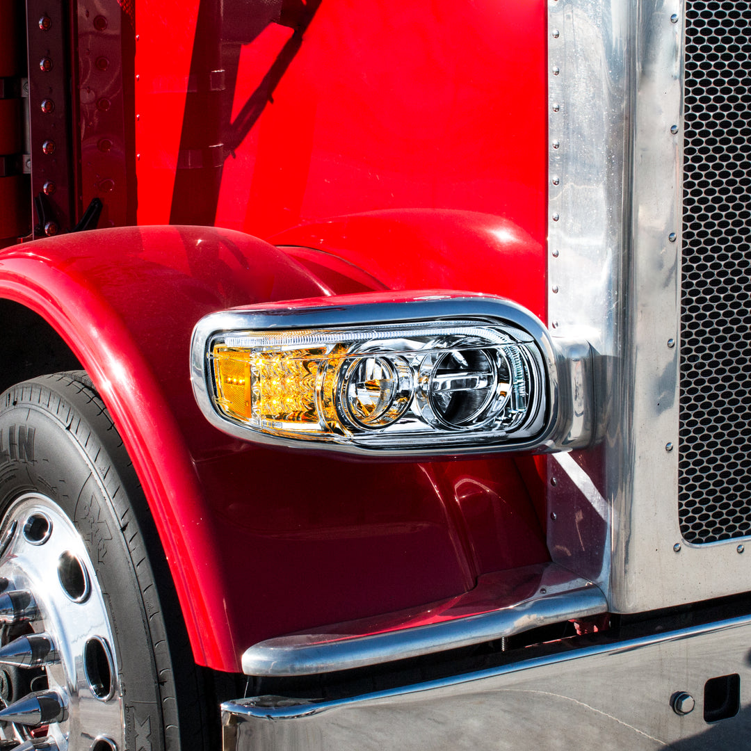 Chrome LED Headlight With LED Turn &amp; Position Light Bar For Peterbilt 388(2008-2015) &amp; 389(2008-2023) - Passenger