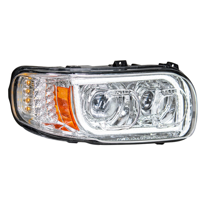 High Power LED Chrome Headlight With 16 LED Turn &amp; 57 LED Bar For 2008-2024 Peterbilt 389 - Passenger