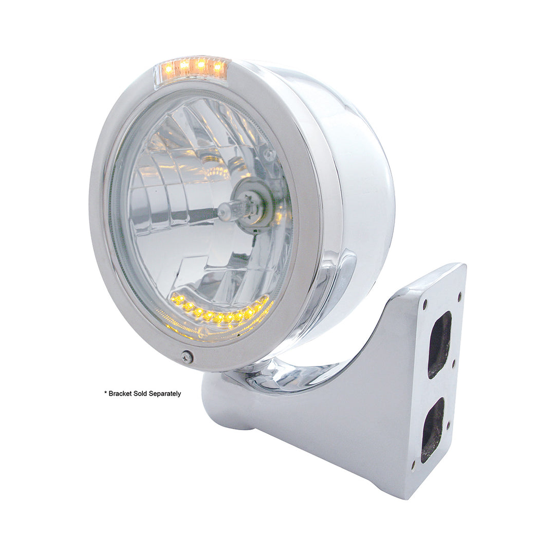 Stainless Steel Bullet Half Moon Headlight H4 With 10 Amber LED &amp; Dual Mode LED Signal - Clear Lens
