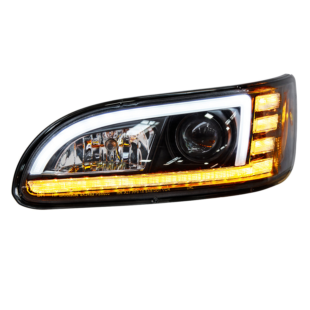 Black Projection Headlight With LED Sequential Turn &amp; DRL For 2005-2015 Peterbilt 386 - Driver