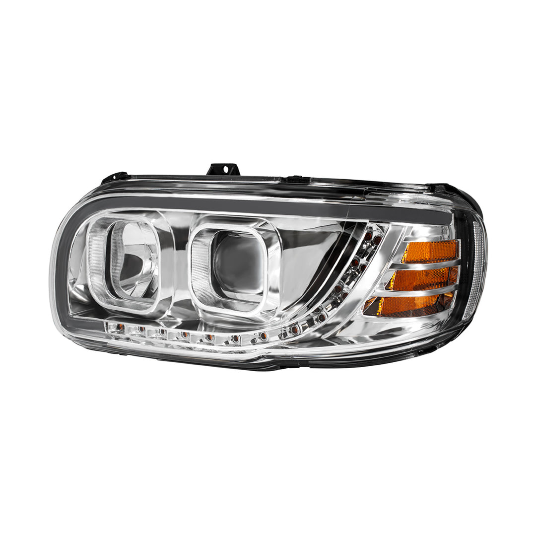Chrome Projection Headlight With LED Turn Signal &amp; Light Bar For 2008-2024 Peterbilt 389 - Driver