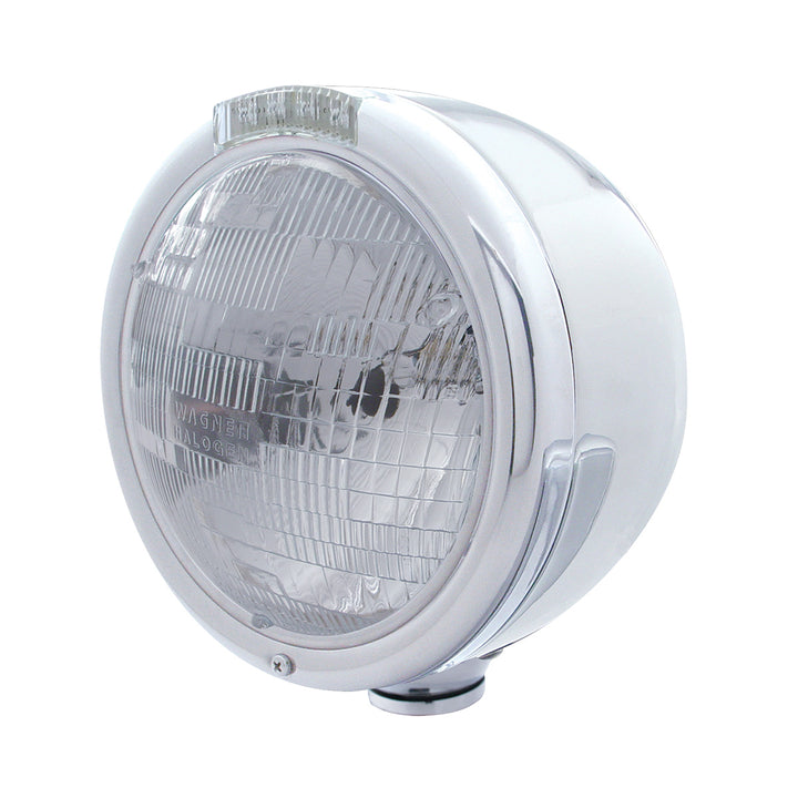 Stainless Steel Classic Half Moon Headlight H6024 Bulb &amp; LED Turn Signal - Clear Lens