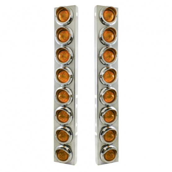 Stainless Steel Front Air Cleaner Bracket With 16 x 9 LED 2" Beehive Lights &amp; Visors For Peterbilt - Amber LED &amp; Lens