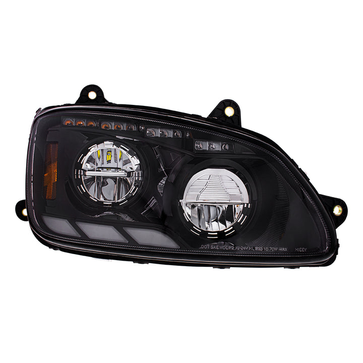 Black LED Headlight With Sequential Turn Signal &amp; Position Light Bars For 2008-17 Kenworth T660 - Passenger