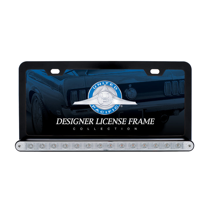 Black License Plate Frame With 14 LED 12" Light Bar - Red LED/Clear Lens