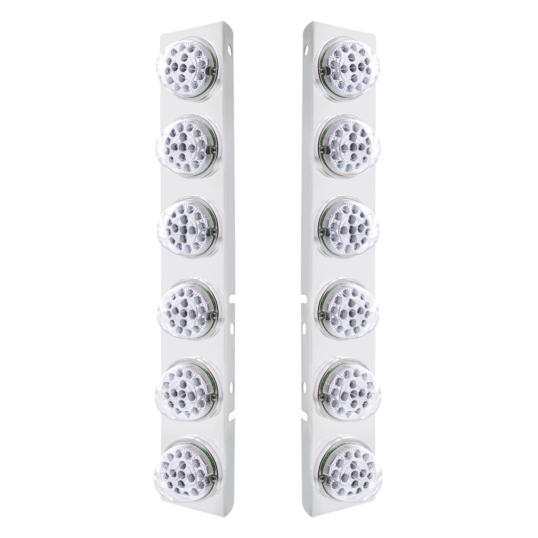 Stainless Steel Front Air Cleaner Bracket With 12 x 17 Amber LED Dual Function Reflector Lights &amp; Stainless Steel Bezels For Peterbilt - Clear Lens