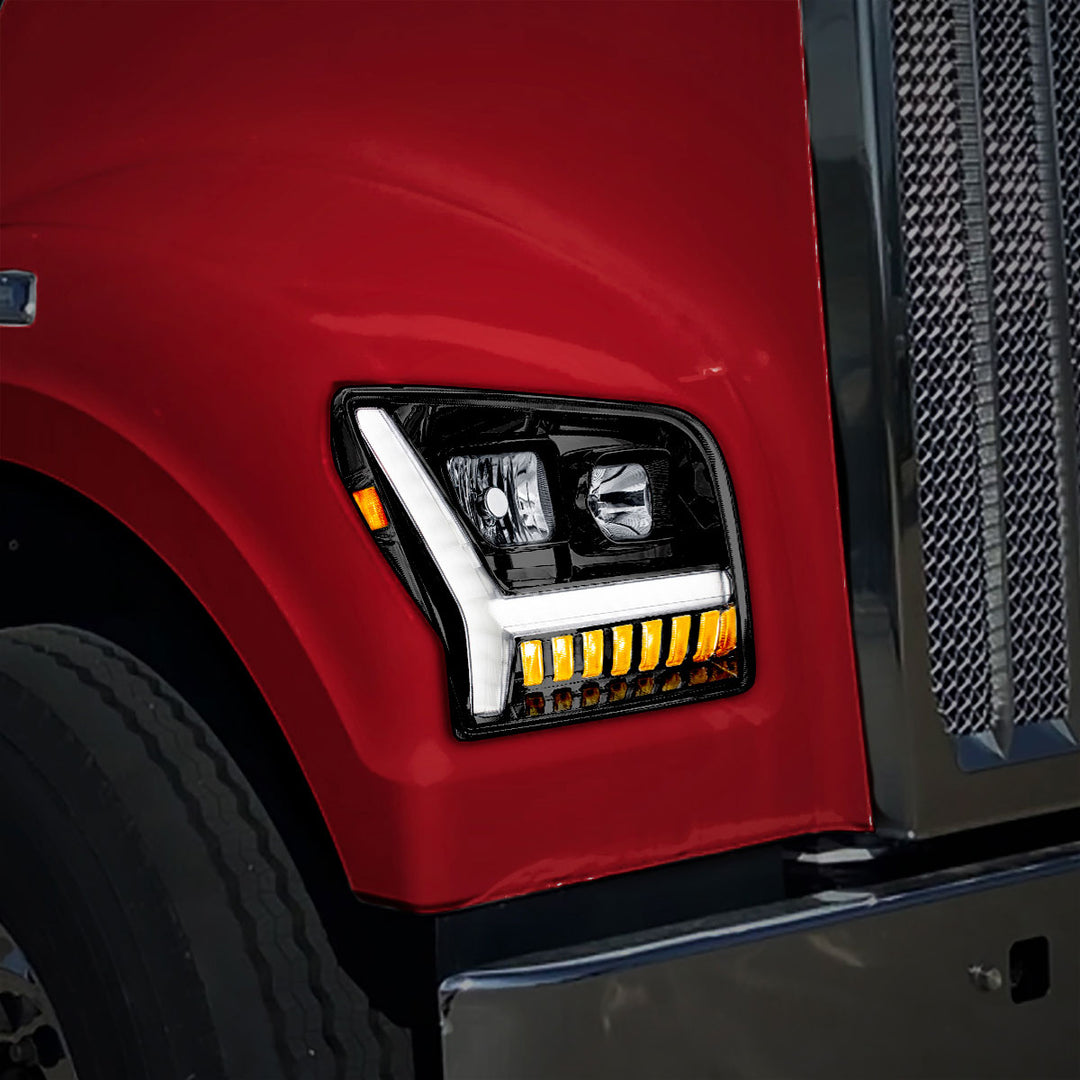 Blackout Headlight With LED DRL Light Bar &amp; Turn Signal For 2018-2024 Kenworth W990 - Passenger