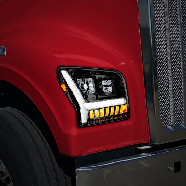 Blackout Headlight With LED DRL Light Bar &amp; Turn Signal For 2018-2024 Kenworth W990 - Passenger