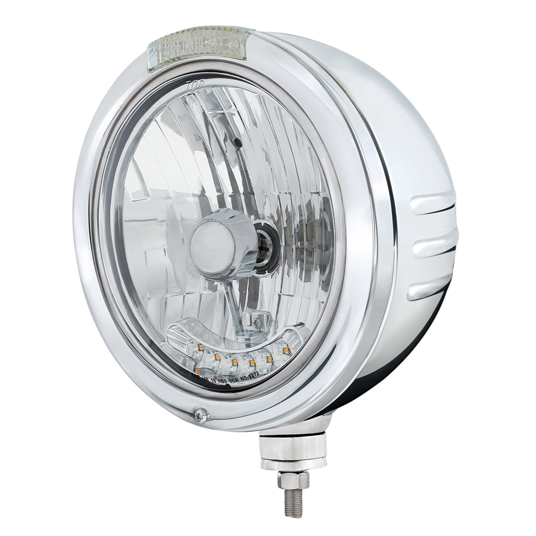 Stainless Steel Bullet Embossed Stripe Headlight Housing &amp; H4 With 6 Amber LEDs &amp; Dual Mode LED Signal - Clear Lens