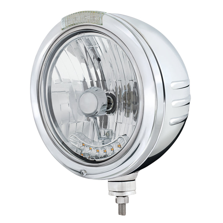 Stainless Steel Bullet Embossed Stripe Headlight Housing &amp; H4 With 6 Amber LEDs &amp; Dual Mode LED Signal - Clear Lens