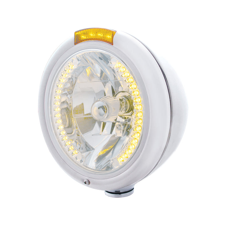 Chrome Classic Headlight H4 With 34 Amber LED &amp; Dual Mode LED Signal - Amber Lens