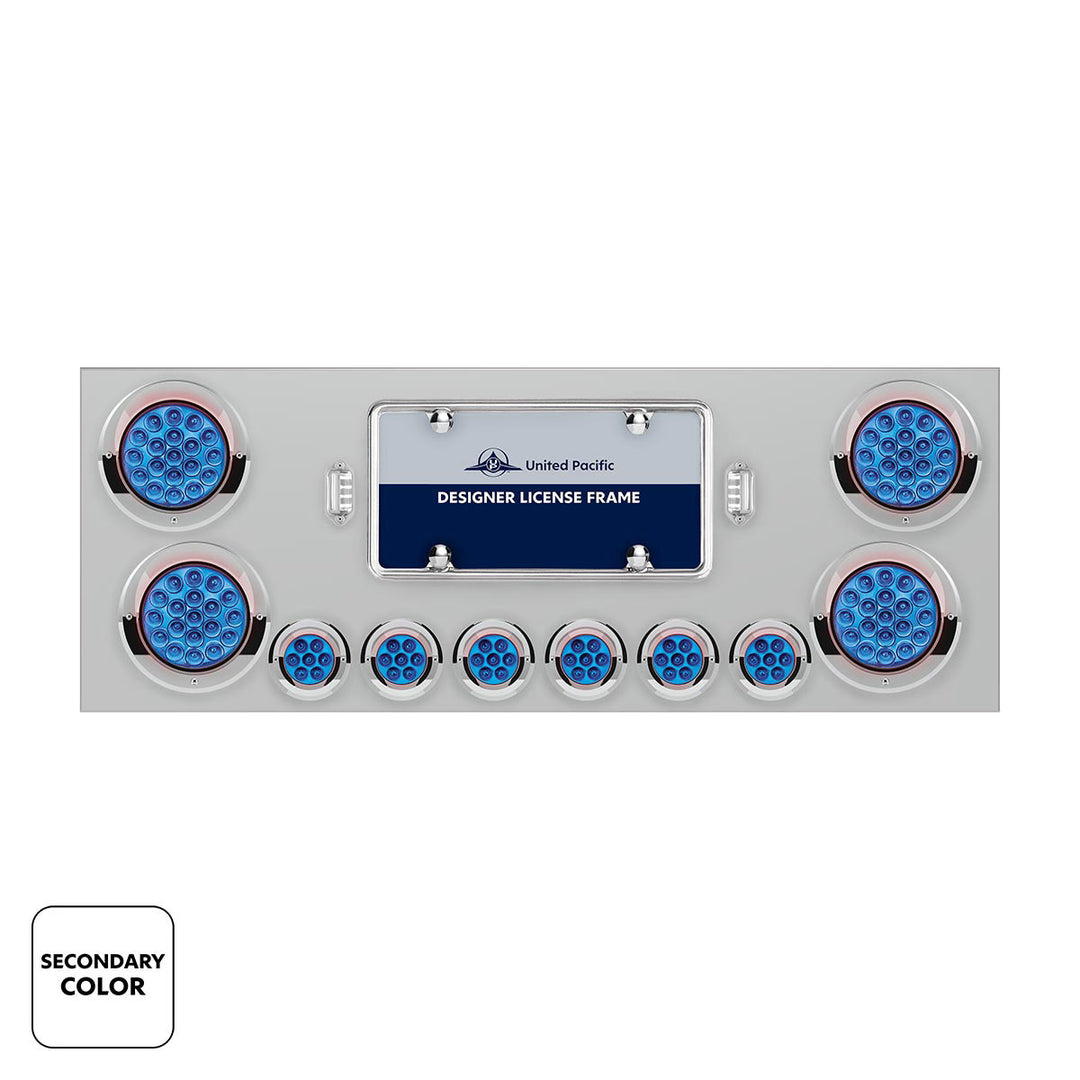 Stainless Steel Rear Center Panel With 4 x 19 LED 4" &amp; 6 x 7 LED 2" Double Fury Lights &amp; Visors - Red &amp; Blue LED
