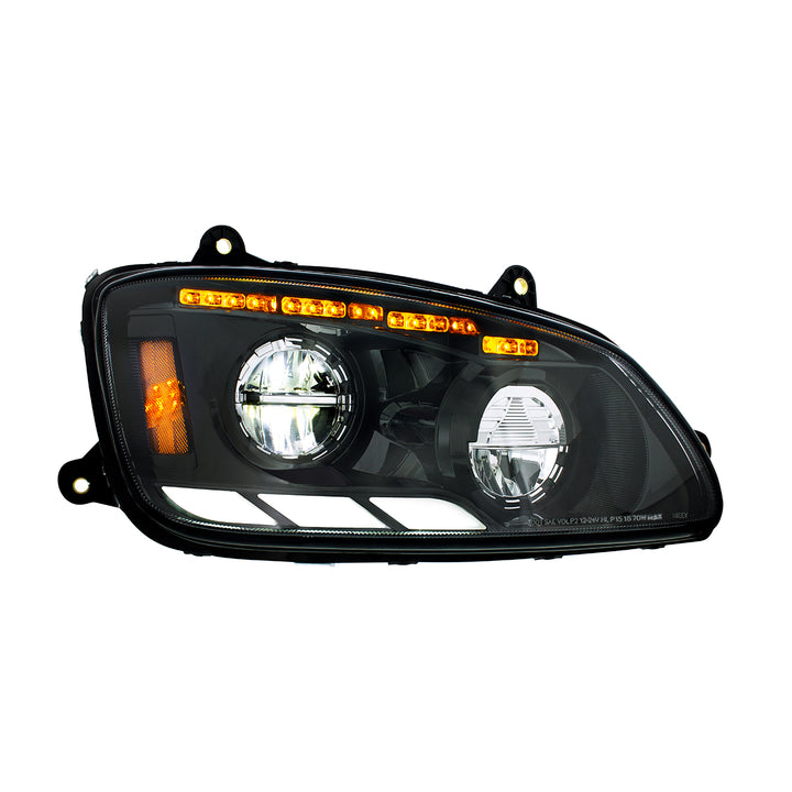 Black LED Headlight With Sequential Turn Signal &amp; Position Light Bars For 2008-17 Kenworth T660 - Passenger