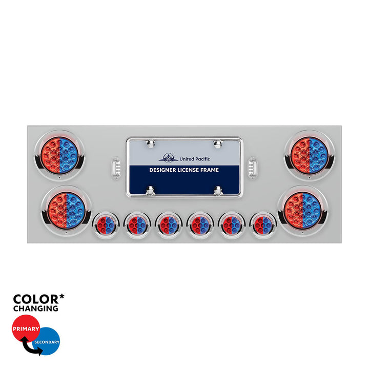 Stainless Steel Rear Center Panel With 4 x 19 LED 4" &amp; 6 x 7 LED 2" Double Fury Lights &amp; Visors - Red &amp; Blue LED