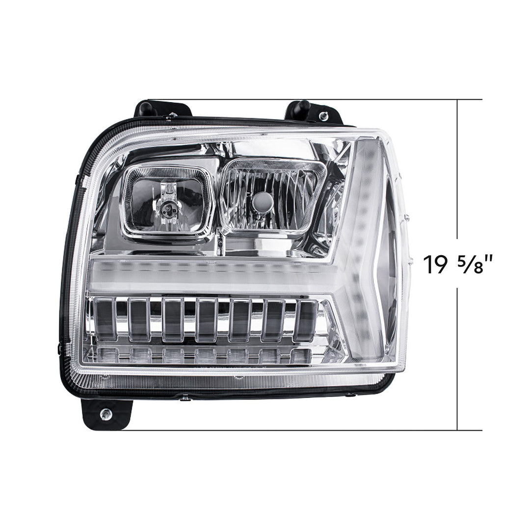 Chrome Headlight With LED DRL Light Bar &amp; Turn Signal For 2018-2024 Kenworth W990 - Driver
