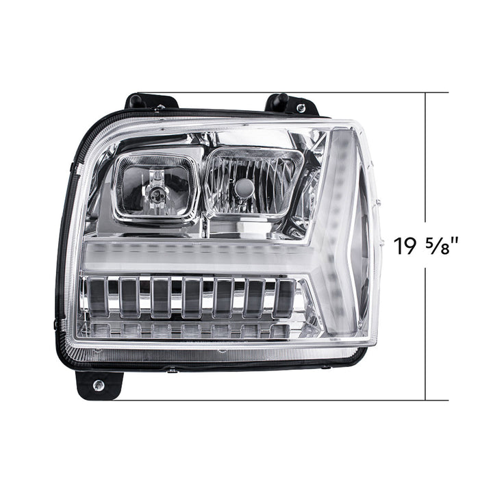 Chrome Headlight With LED DRL Light Bar &amp; Turn Signal For 2018-2024 Kenworth W990 - Driver