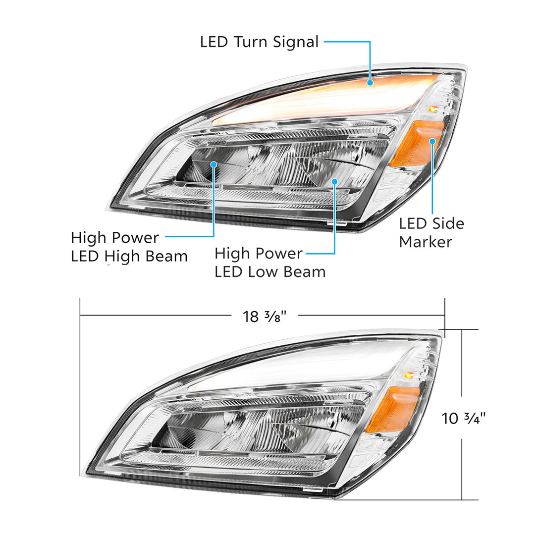 High Power Chrome LED Headlight For 2018-2024 Freightliner Cascadia - Driver