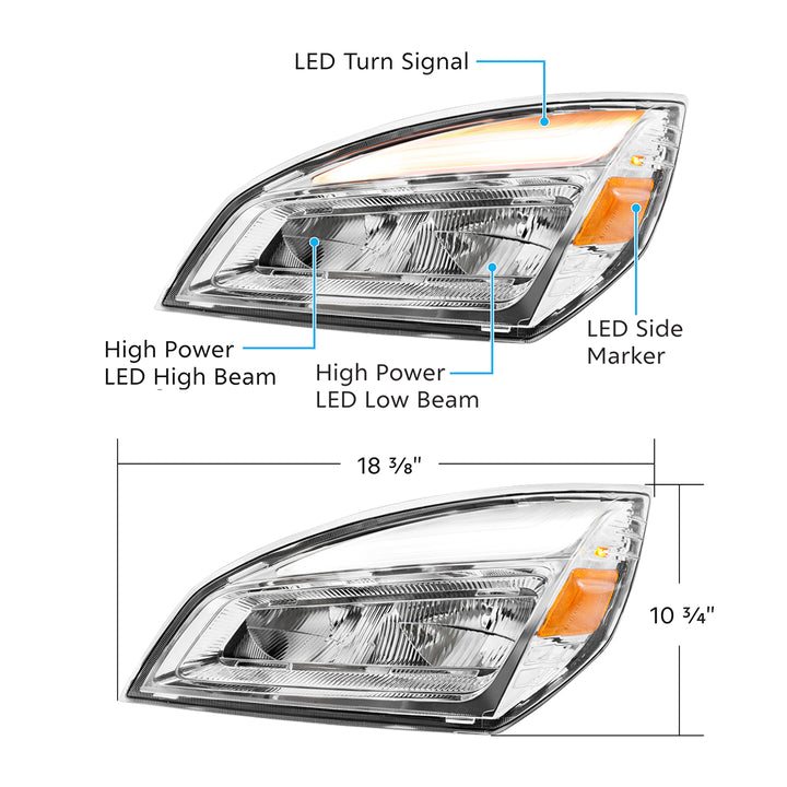 High Power Chrome LED Headlight For 2018-2024 Freightliner Cascadia - Driver