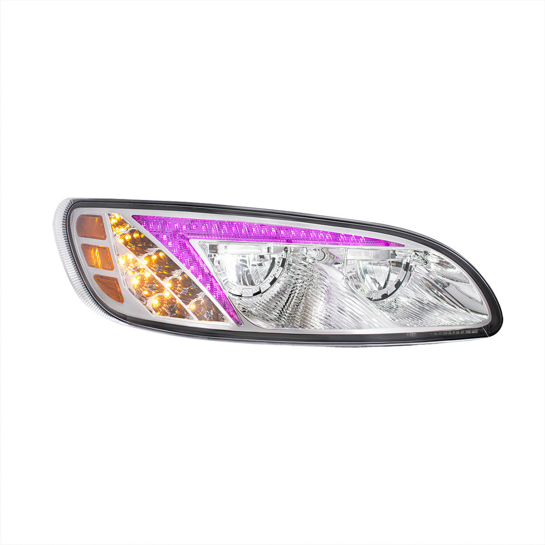 Chrome LED Headlight With Color Changing Position Light Bar For Peterbilt 386 (2005-2015) &amp; 387 (1999-2010) - Passenger