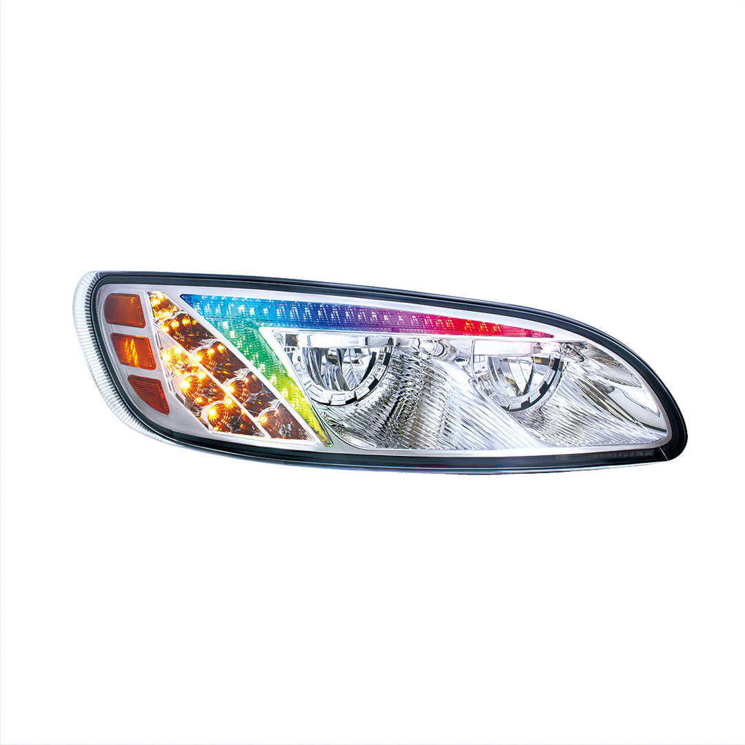 Chrome LED Headlight With Color Changing Position Light Bar For Peterbilt 386 (2005-2015) &amp; 387 (1999-2010) - Passenger