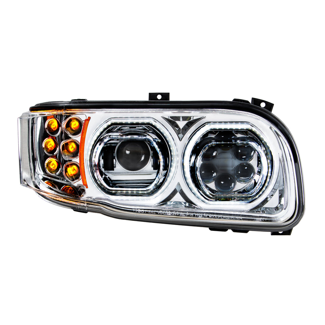 High Power 10 LED Chrome Headlight With 6 LED Turn &amp; 100 LED Halo For 2008-2024 Peterbilt 389 - Passenger