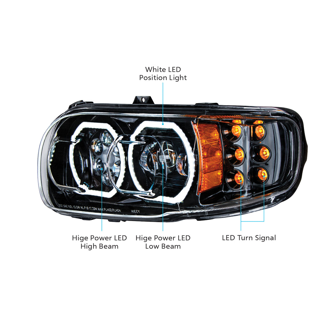 High Power 10 LED Blackout Headlight With 6 LED Turn &amp; 100 LED Halo For 2008-2024 Peterbilt 389 - Passenger