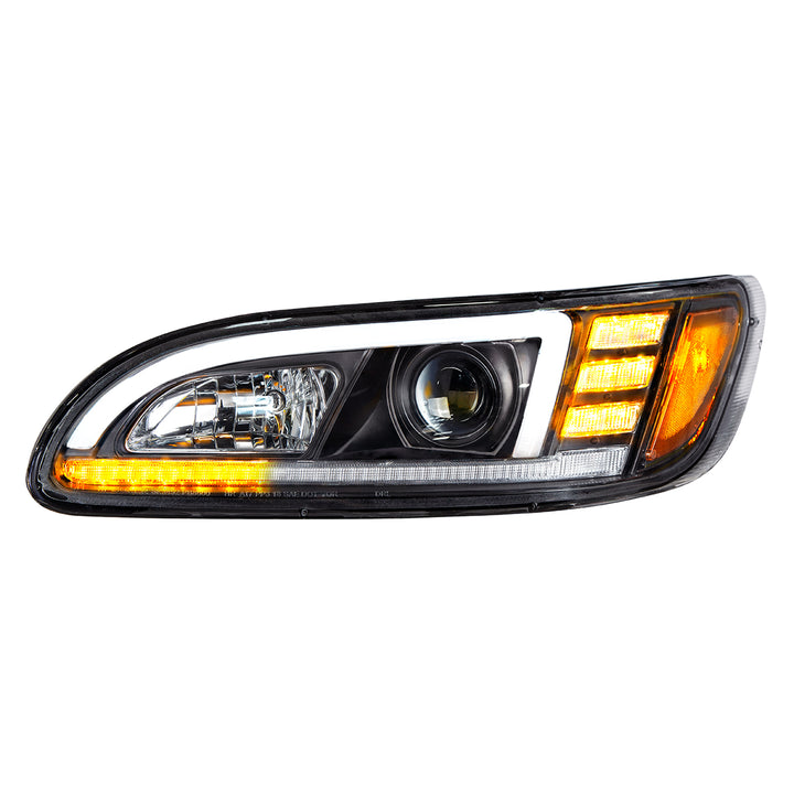 Black Projection Headlight With LED Sequential Turn &amp; DRL For 2005-2015 Peterbilt 386 - Driver