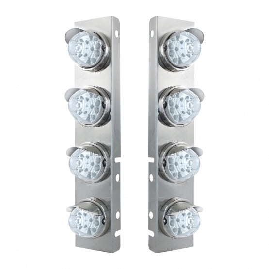 Stainless Steel Front Air Cleaner Bracket With 8 x 17 Amber LED Reflector Watermelon Lights &amp; Stainless Steel Visors For Peterbilt - Clear Lens